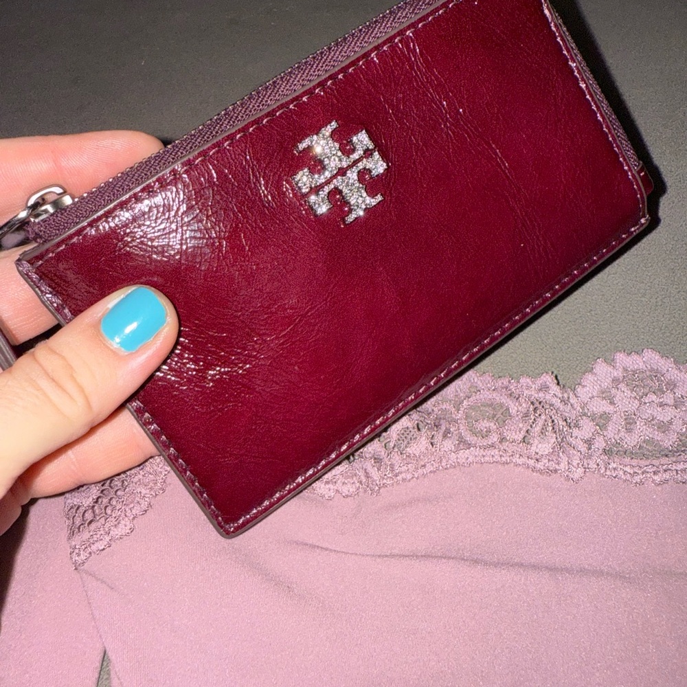 Tory Burch Burgundy Leather Card Case with Logo